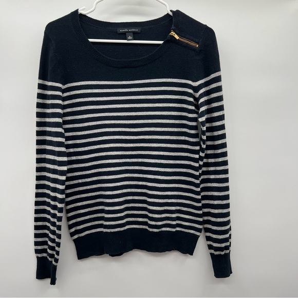 Banana Republic Sweaters - Banana Republic blue and grey stripped zip shoulder sweater ladies size S.